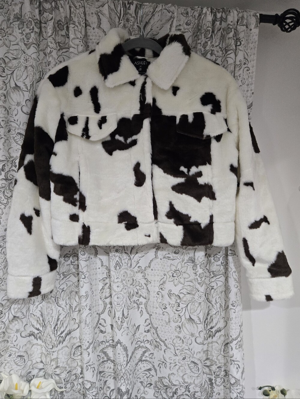 Ashley By 26 International Cow Print Faux Fur Crop Jacket - Dark Brown & White